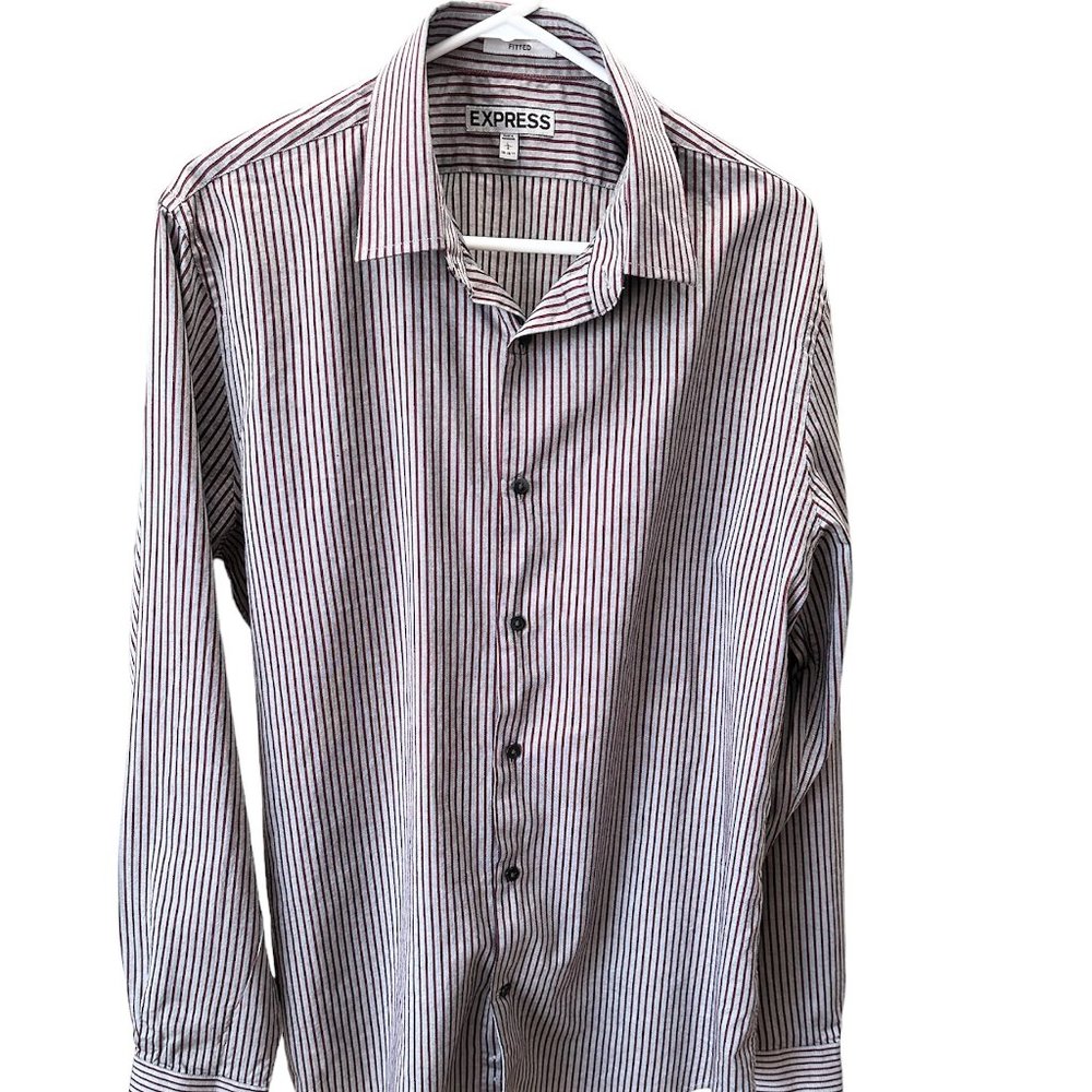 Express Men's Shirt Large Silver with Red Striped Fitted Long Sleeve Pre-owned